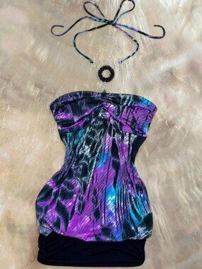 Vintage Y2K TRAC purple & black bedazzled o ring sparkle halter club mini dress